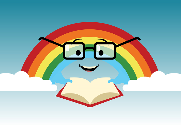 Rainbow with glasses reading a book